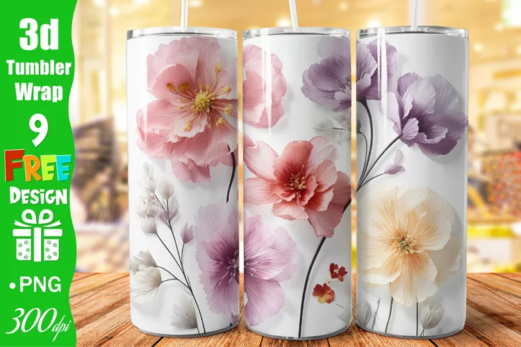 3D White Pink Flowers 20 oz Skinny Tumbler Sublimation