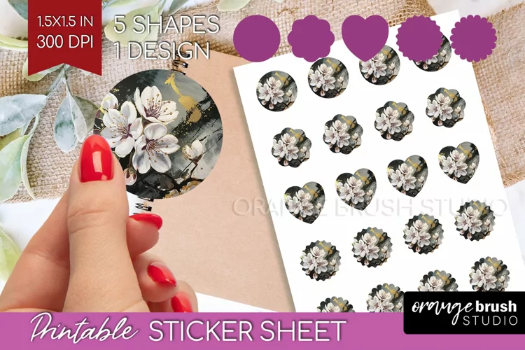 White Flowers Round Sticker - Floral Printable Sticker Sheet