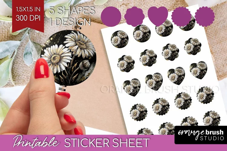 White Flowers Round Sticker - Floral Printable Sticker Sheet