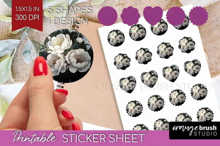 White Flowers Round Sticker - Floral Printable Sticker Sheet