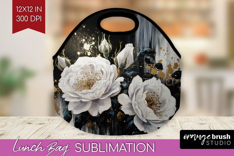 White Flowers Lunch Bag - Floral Lunch Bug PNG Sublimation