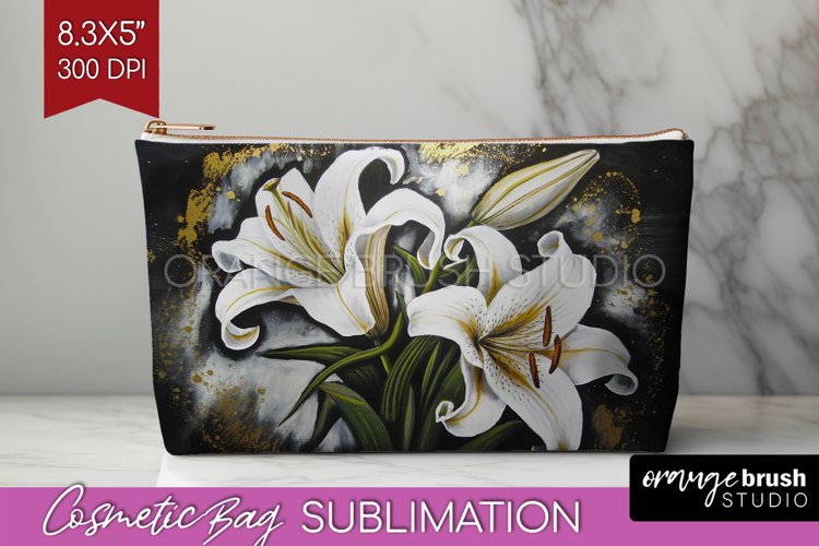White Flowers Cosmetic Bag - Floral Makeup Bag PNG