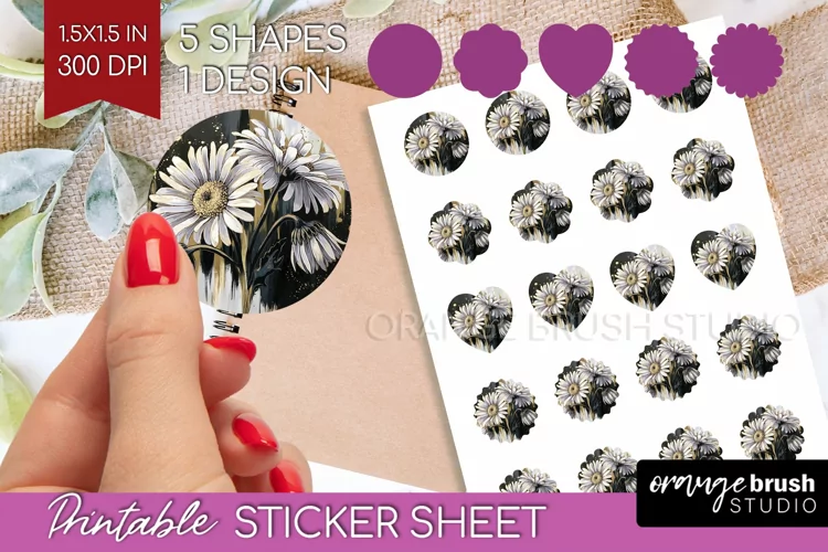 White Flowers Round Sticker - Floral Printable Sticker Sheet