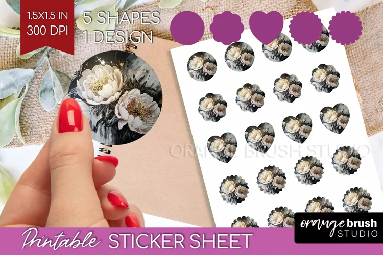 White Flowers Round Sticker - Floral Printable Sticker Sheet