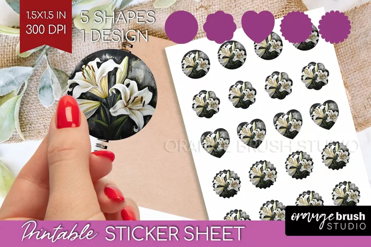 White Flowers Round Sticker - Floral Printable Sticker Sheet