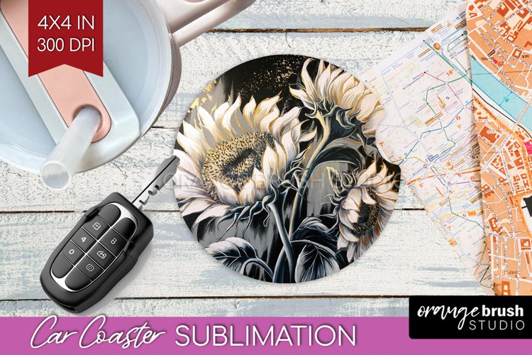 White Flowers Car Coaster - Floral Coaster PNG Sublimation