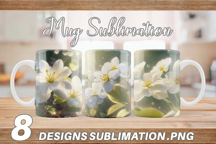 White Flowers Background Mug sublimation design