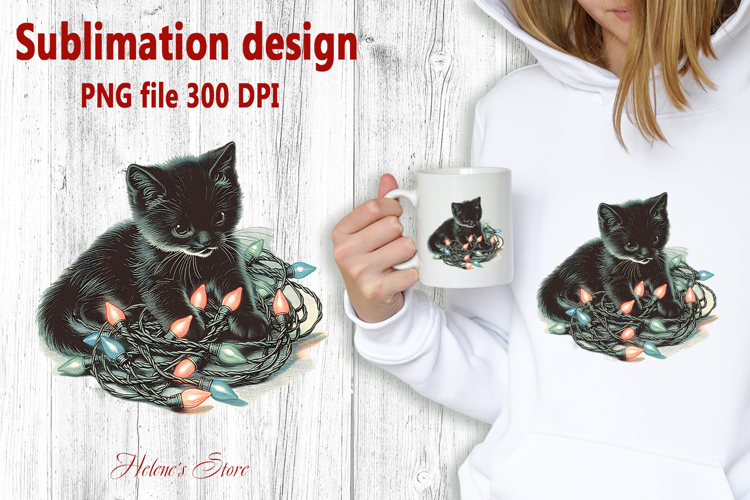 Christmas lights & black cat clipart| Winter t shirt designs
