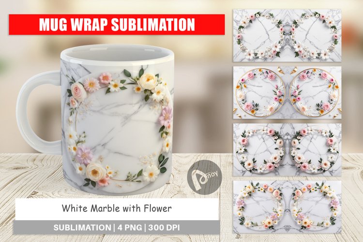 Mug Wrap Design White Marble with Flower