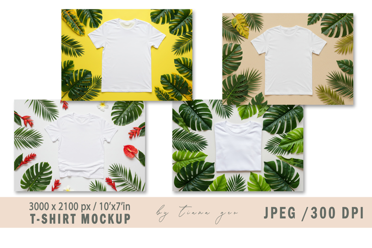 White T-Shirt Mockup with Tropical Leaf - 4 Flat Lay JPEGs