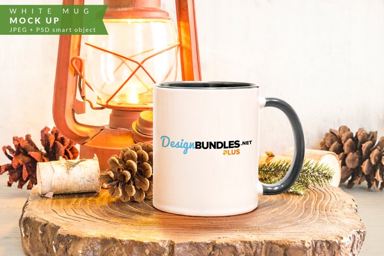 White Mug with Pine Cones and Logs sublimation mock up