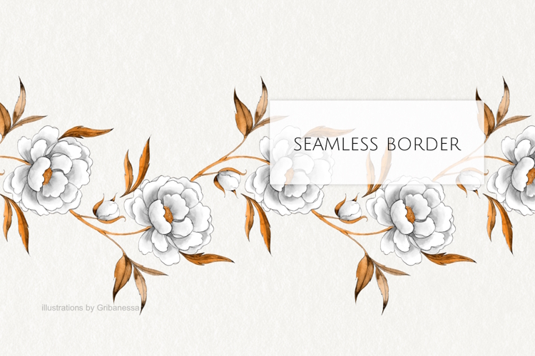 White Peony Grace Watercolor Seamless Border