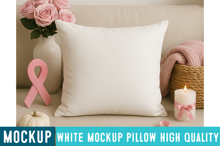 White Pillow Mockup,Mockup,Breast Cancer Pillow Mockup