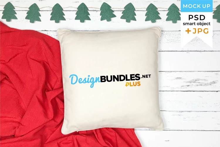 Christmas pillow mockup with red blanket and garland