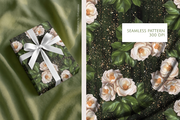 White Roses Seamless Pattern | Dark Floral Background
