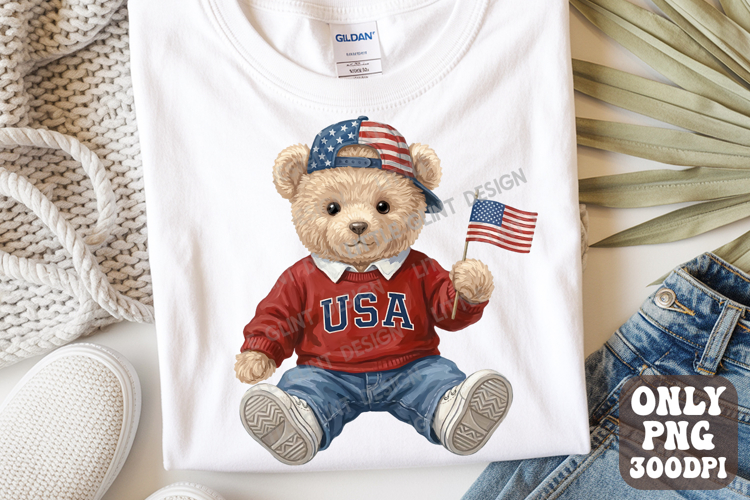 Patriotic Teddy Bear Boy Png Preppy 4th of July Shirt Design