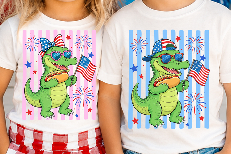 Striped 4th of July Kids Gator PNG Bundle Patriotic Boy Girl