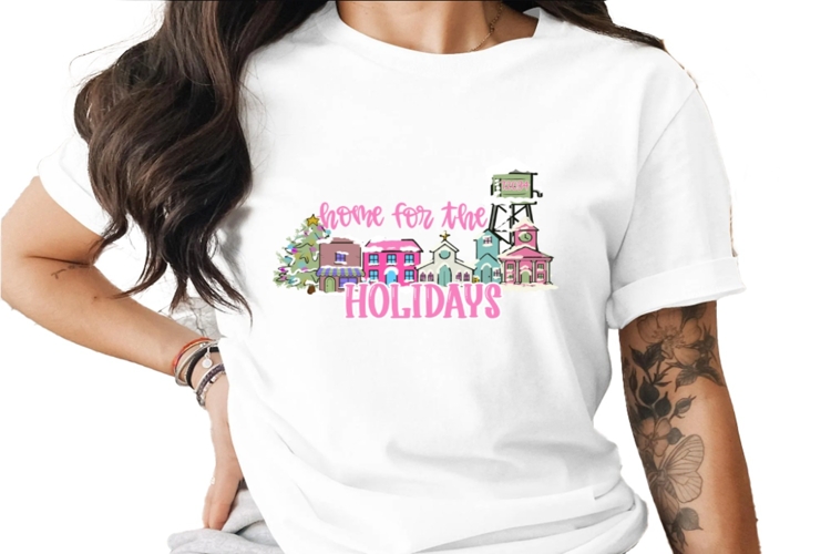 Home For The Holidays Pink Christmas Small Town DTF DTG Subl