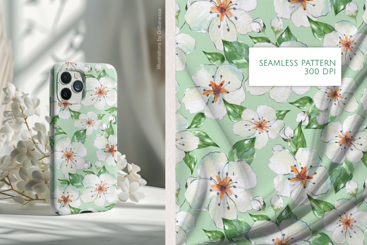 Watercolor White Spring Flowers Seamless Pattern