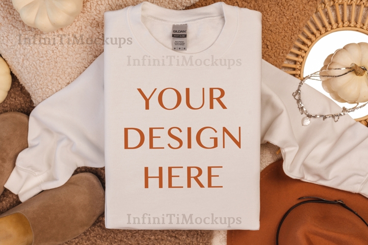 White sweatshirt mockup Gildan 18000 Fall flat lay Trendy
