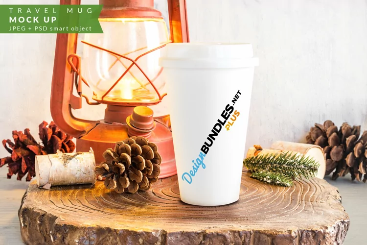 White Travel Mug with Pine Cones | Christmas Mock up
