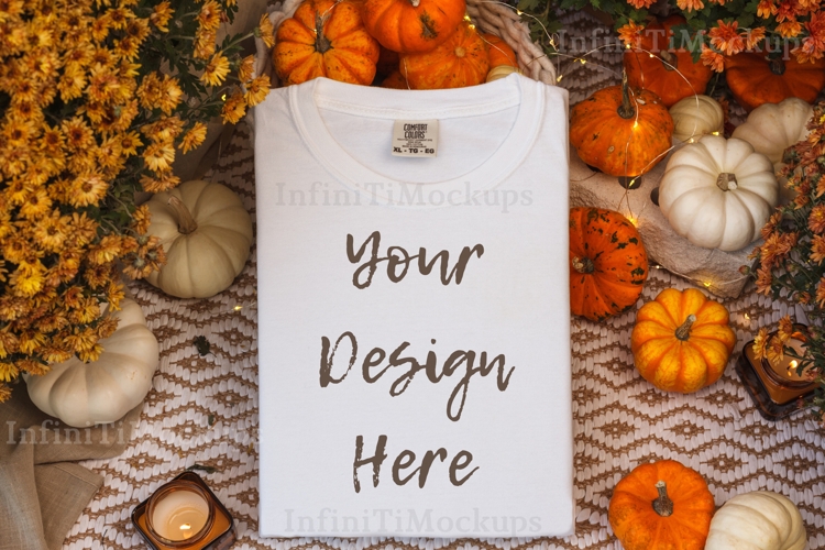 White tshirt Fall mockup Comfort Colors 1717 flat lay