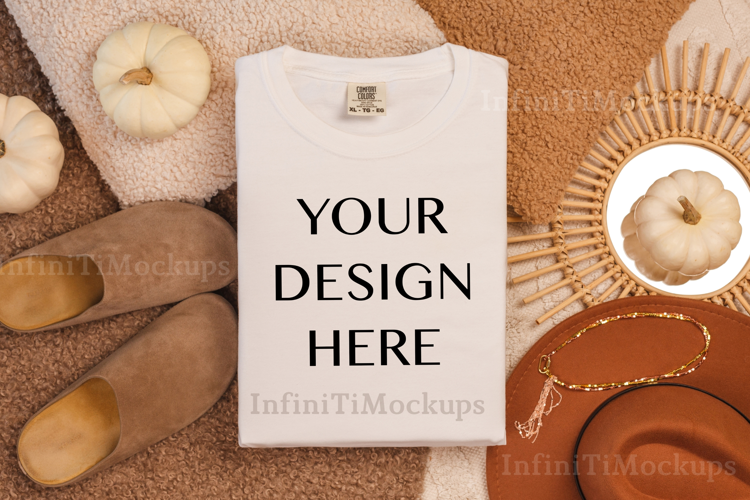 White tshirt mockup Comfort Colors 1717 Fall flat lay