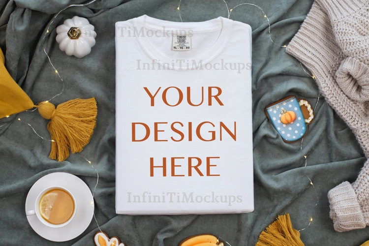 White tshirt mockup Comfort Colors 1717 Fall flat lay