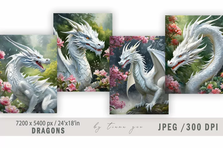 Watercolor floral white dragon illustrations - 4 Jpeg