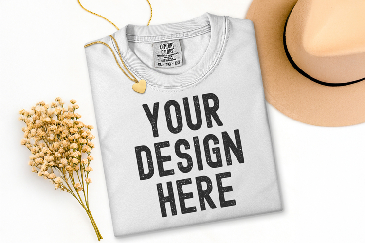 Comfort Colors C1717 White Shirt Mockup, Flat Lay Mockup