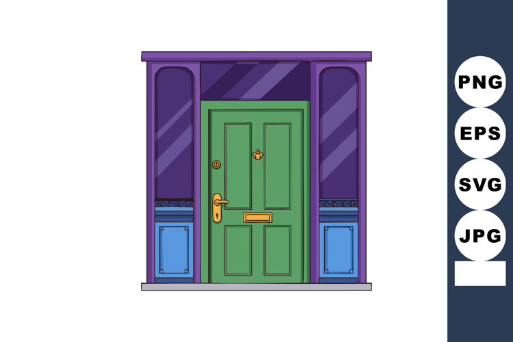 Green front door with purple and blue decorative frame vecto