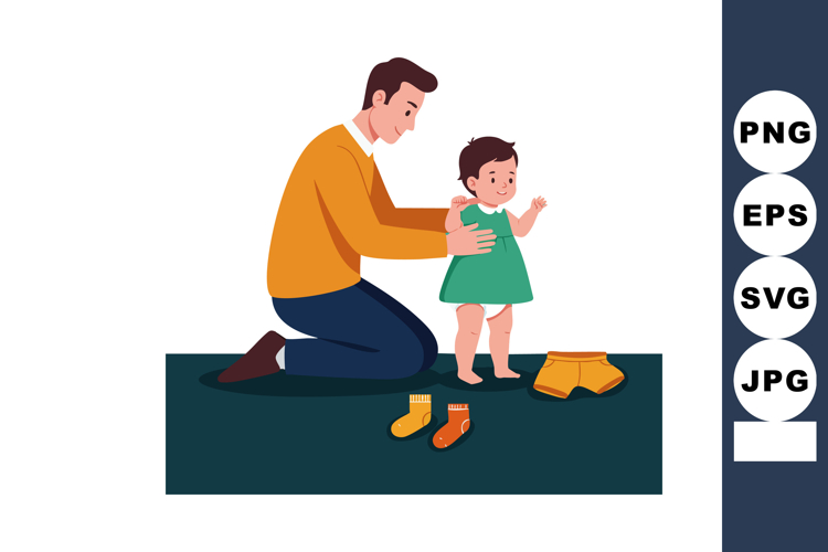 Father Helping Toddler Daughter Learn Walking in Green Dress