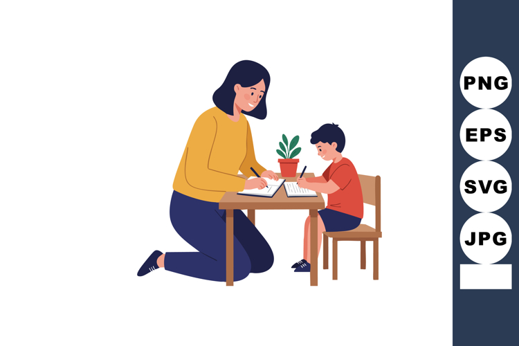Mother Teaching Son Writing at Table with Plant in Pot Illus
