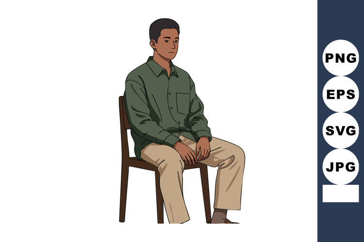 Man Sitting on Wooden Chair Wearing Green Shirt and Beige Pa