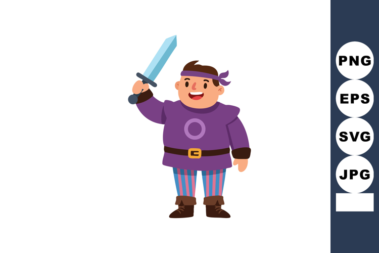 Young boy warrior holding sword in purple costume and stripe
