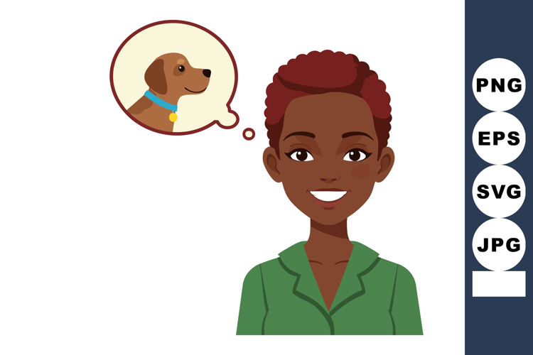 Woman thinking about brown dog in blue collar vector illustr