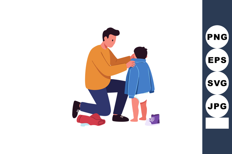 Father Helping Son Put On Blue Jacket Illustration for Paren