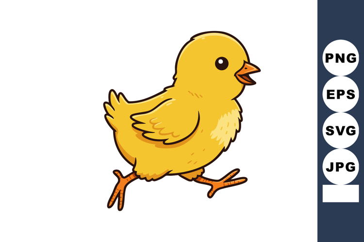 Yellow baby chick walking cartoon vector illustration with o