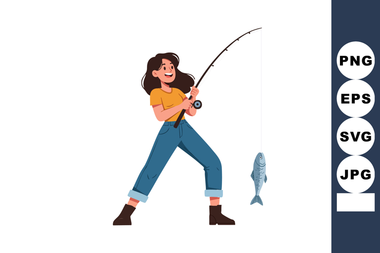 Woman fishing with rod catching fish in casual clothing vect