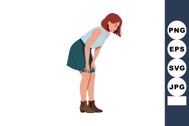 Woman with red hair bent forward wearing blue skirt and brow