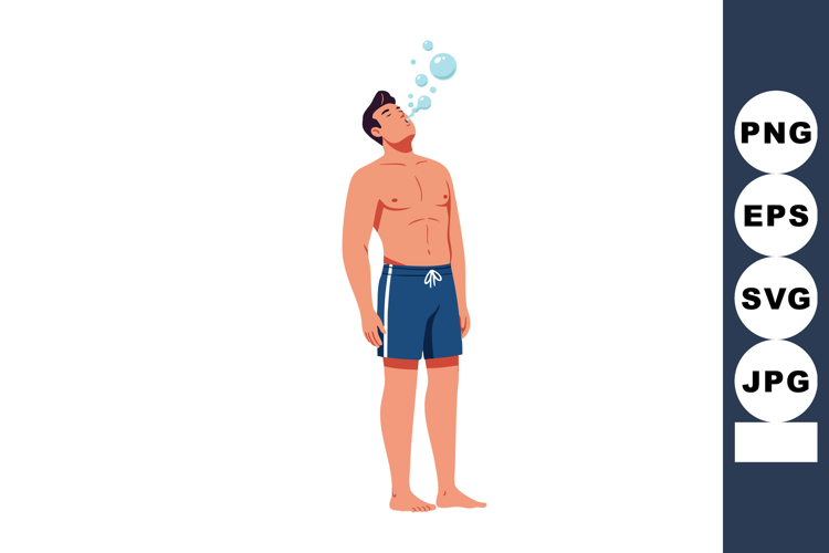 Man in Blue Swim Shorts Exhaling Bubbles Relaxing Vector Ill