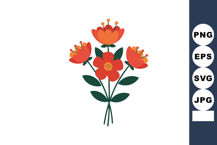 Red and orange floral bouquet with green leaves vector illus
