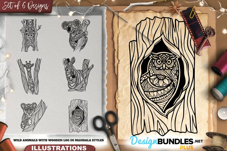 Wild Animals With Wooden Log In Mandala Styles Illustrations