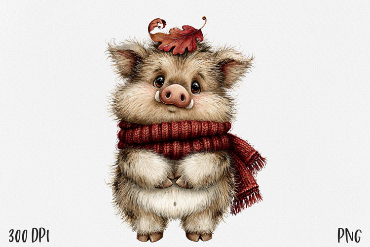 Wild Boar Piglet PNG, Cute Boar Clipart, Cozy Scarf Fall