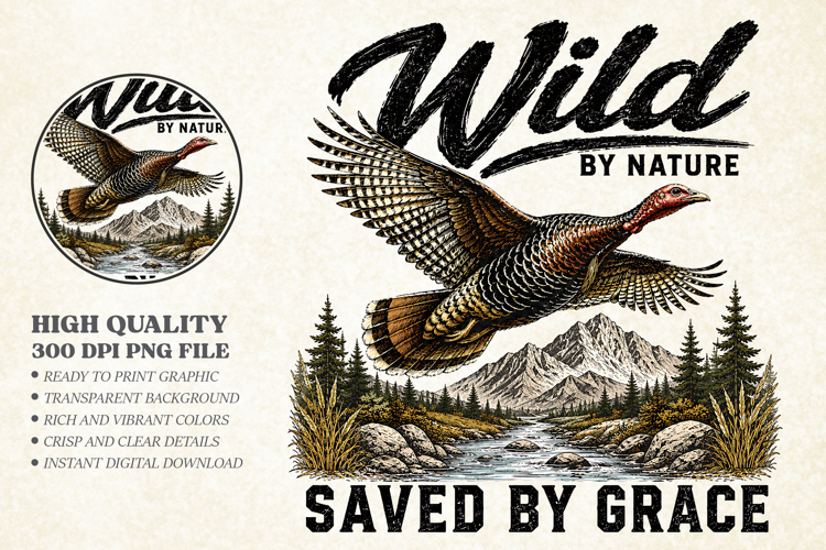 Wild By Nature Turkey Hunting PNG, Saved By Grace Design