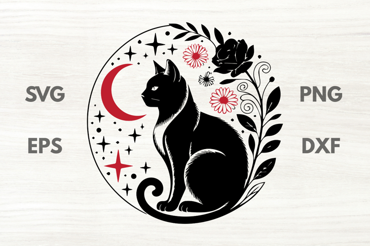 Witchy Black Cat Moon and Floral Bouquet SVG