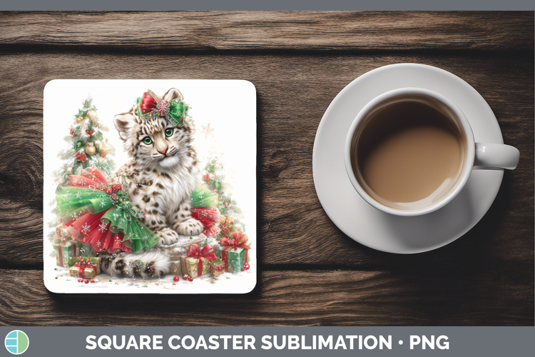 Leopard Snow Square Coaster Wild Cats Cute Christmas Sublima