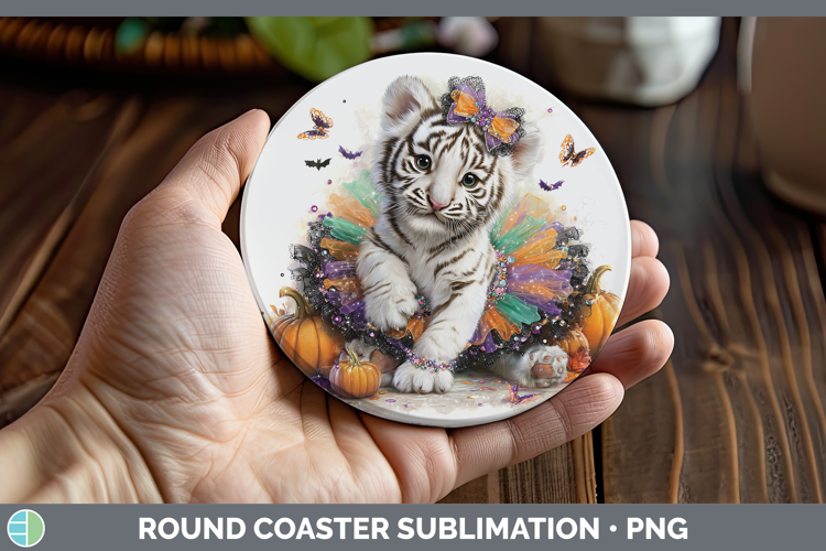 Wild Cats Halloween White Tiger Round Coaster Sublimation Co
