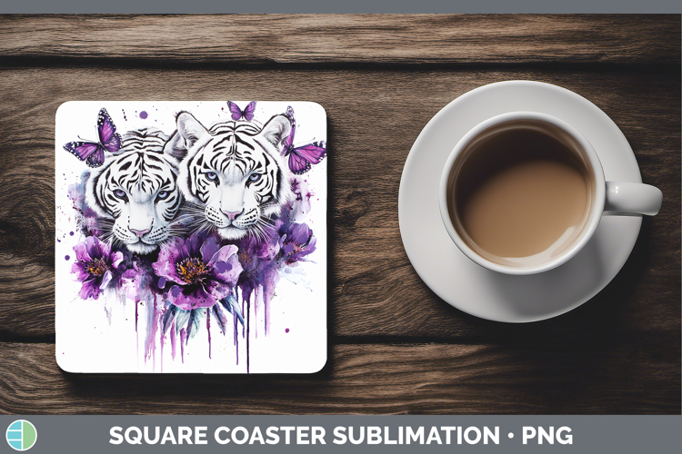 Wild Cats Purple Drips White Tiger Square Coaster Sublimatio