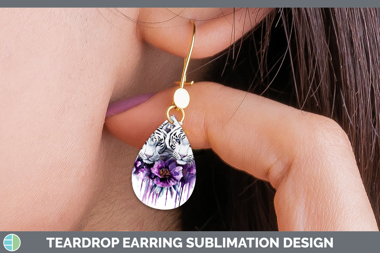 Wild Cats Purple Drips White Tiger Teardrop Earrings Sublima